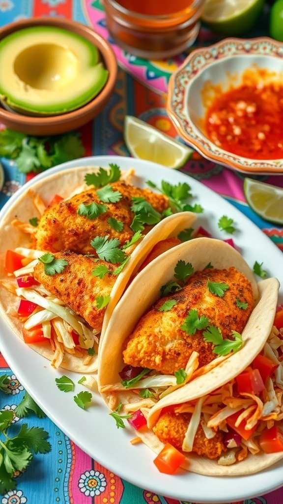 Crispy tilapia fish tacos with cabbage, tomatoes, and cilantro on a plate with lime wedges.